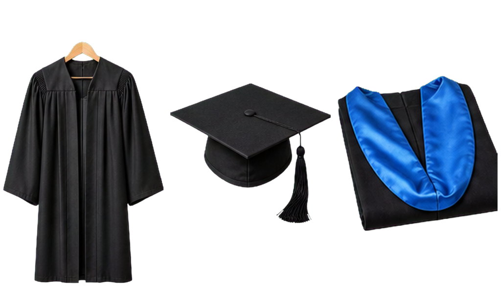 Graduation gown, trencher cap and academic hood hire set