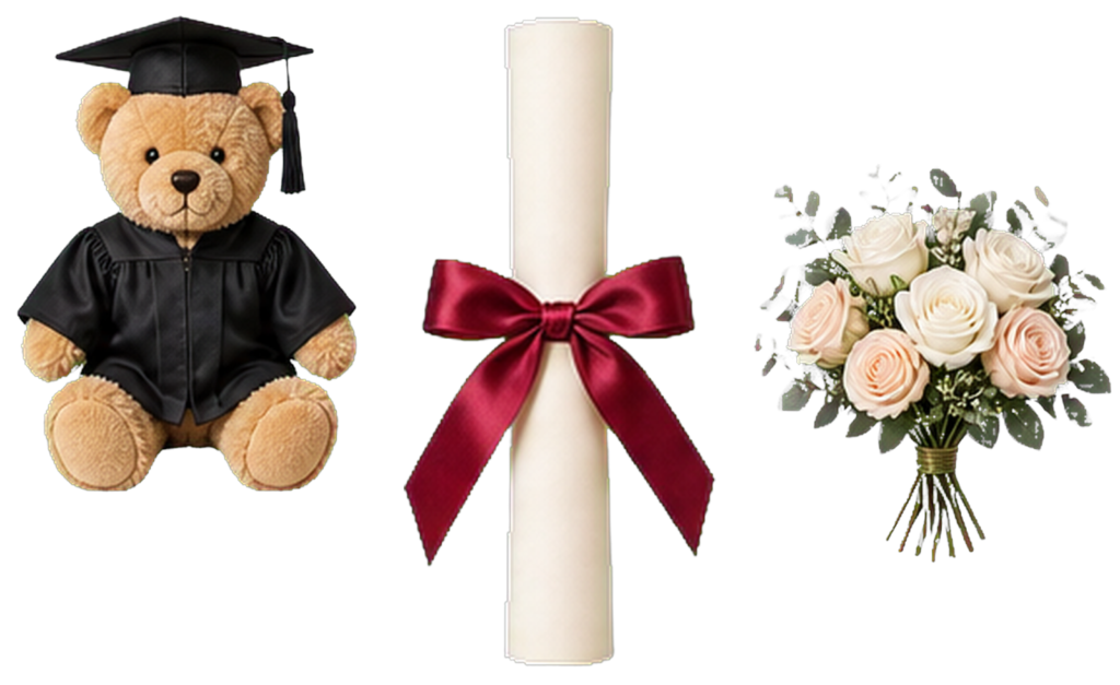 Graduation props for hire: teddy bear in a gown, certificate scroll and bouquet