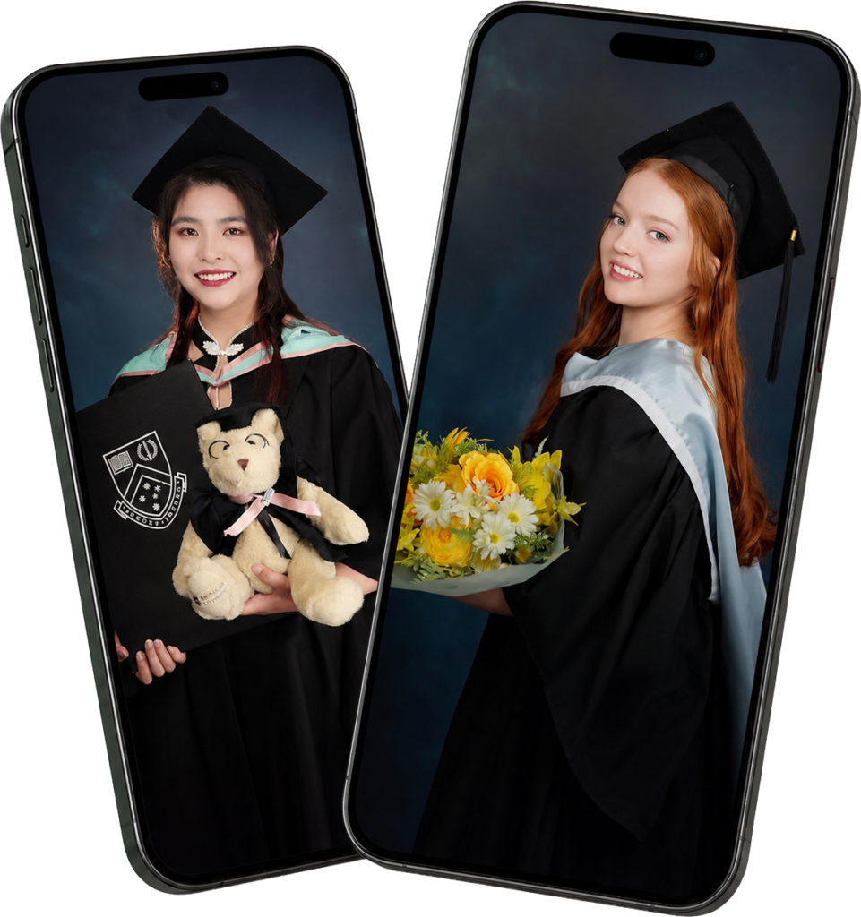 Graduation studio portraits on two phones