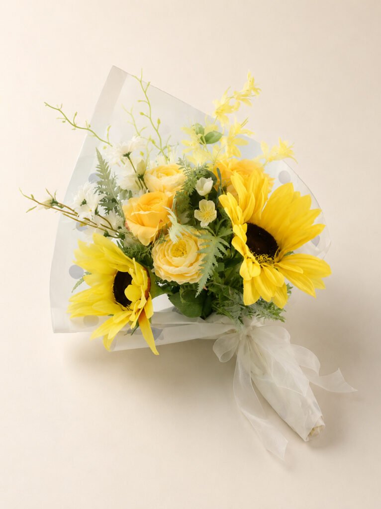 Yellow sunflower and rose graduation bouquet