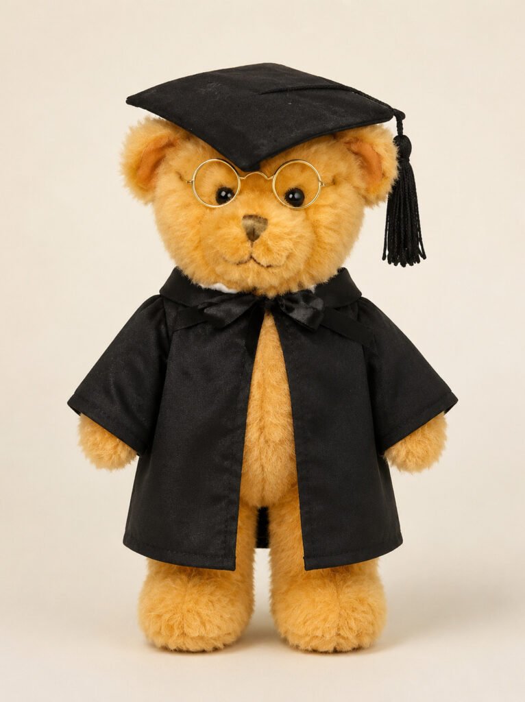 Graduation teddy bear wearing a black gown and cap