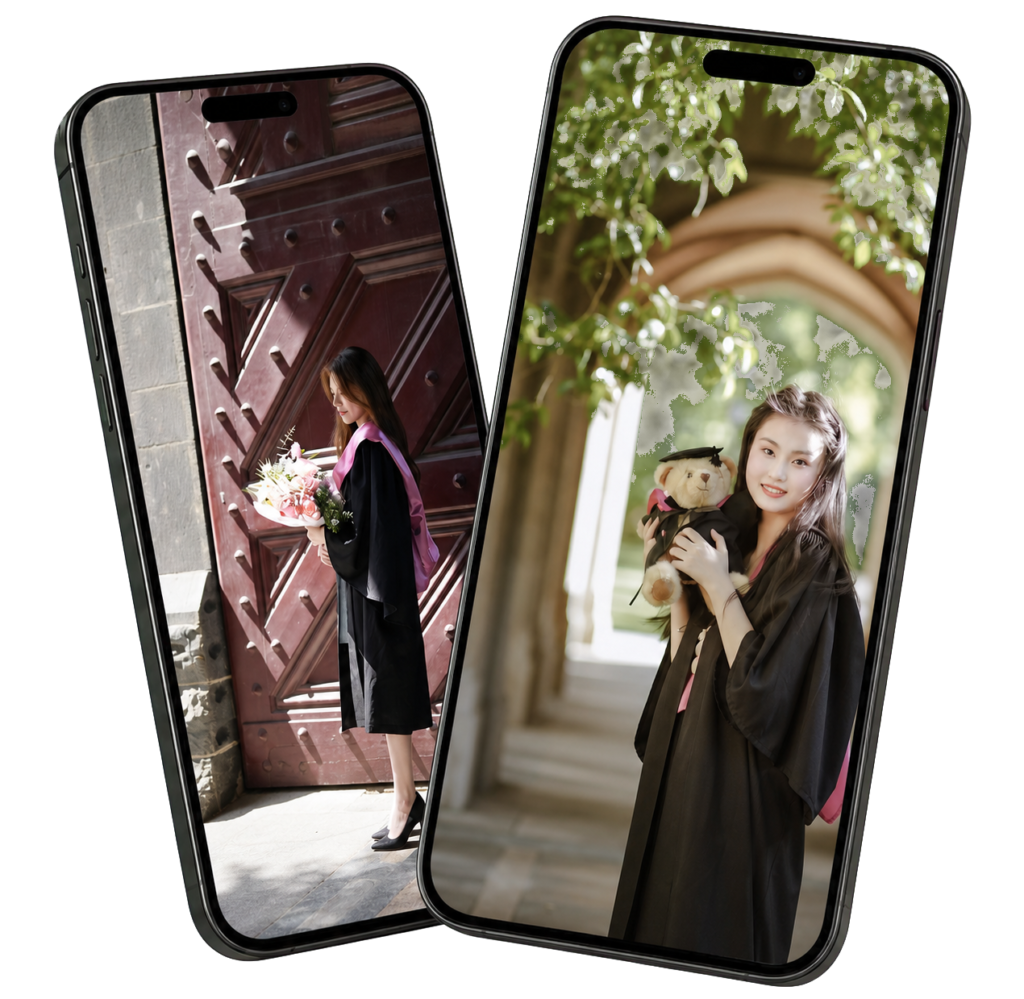Two overlapping phones with full-screen real graduation photos, right phone in front