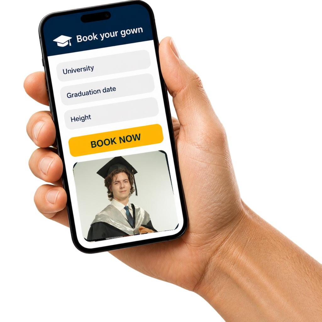 Male graduate wearing a cap and holding a graduation teddy bear on the gown booking phone
